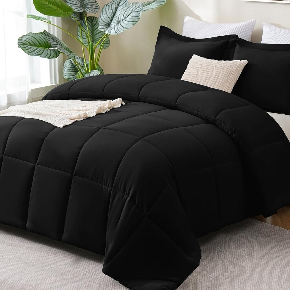 New Black Queen Comforter Set, 3-Piece Box Stitched Bedding, Down Alternative - Picture 5 of 13